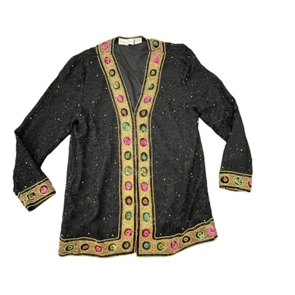 Vtg Lawrence Kazar New York Sequin Beaded SILK Evening Jacket Black Gold Medium